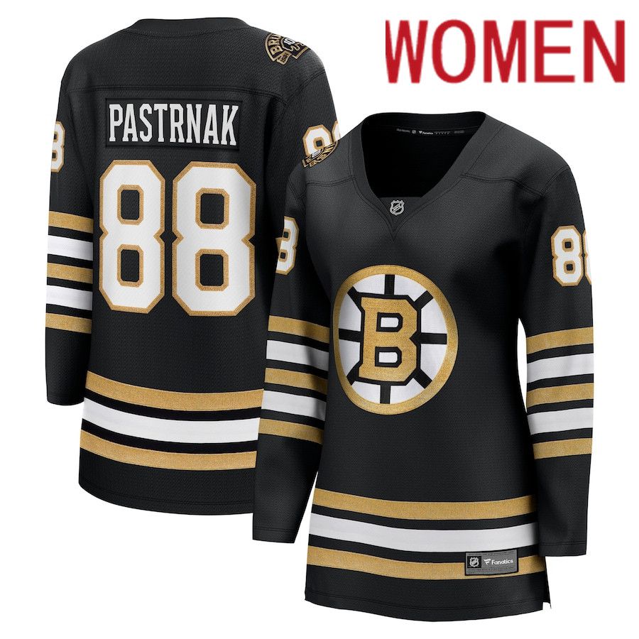 Women Boston Bruins #88 David Pastrnak Fanatics Branded Black 100th Anniversary Premier Breakaway Player NHL Jersey